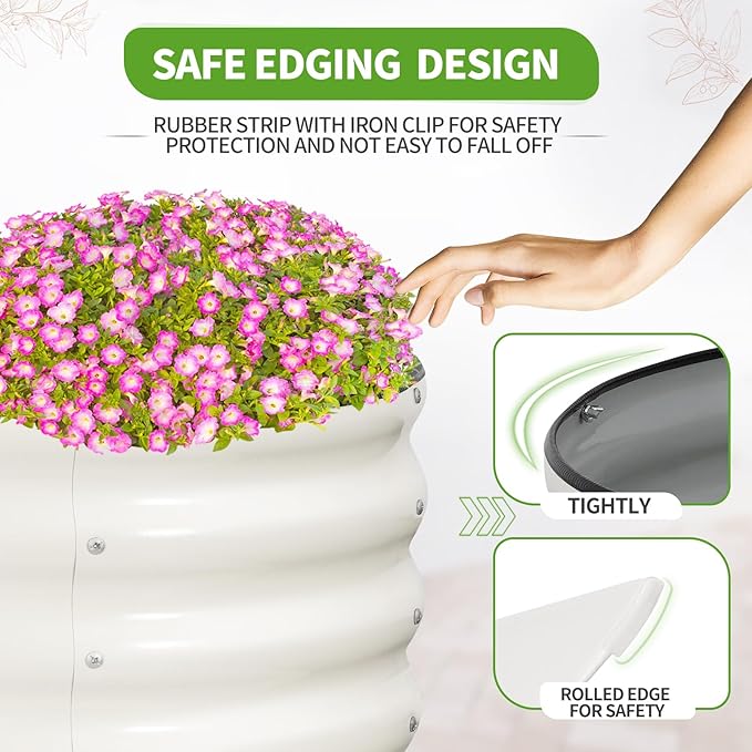 Galvanized Raised Garden Bed - 8x2x1.4FT Metal Planter Boxes Outdoor | Oval Steel Raised Bed Kit for Gardening with Protective Tape, Bracing Rods, Gloves for Vegetables, Flower, Herb (White)