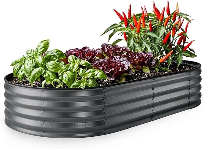 Plant & Plot Galvanized Raised Garden Beds Outdoor // 6×3×1 ft Planter Raised Beds for Gardening, Vegetables, Flowers // Large Metal Garden Box // Patented Tool-Free Design (Dark Gray)