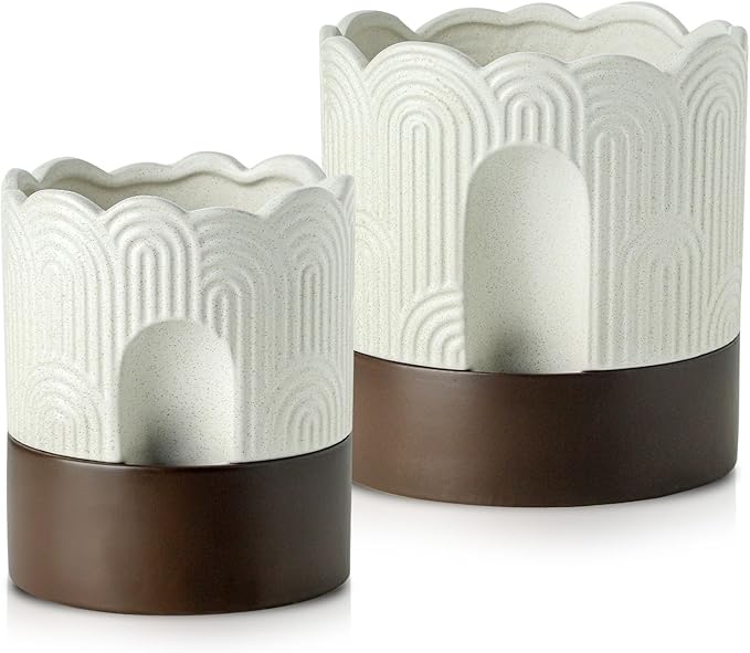 Nihow Self Watering Plant Pot Set: 6 Inch & 8 Inch Ceramic Planter with Drainage Hole & Water Storage Plus - Relief Design Self Watering Pot for Indoor Plants - Beige & Brown Flower Pot -Set of 2