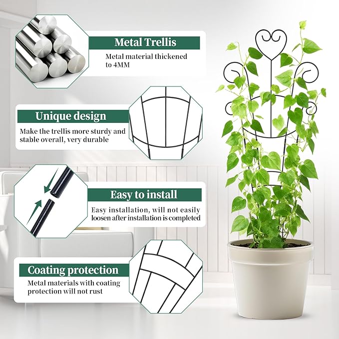 30 Inch Plant Trellis for Climbing Plants Indoor, Outdoor Metal Garden Trellis for Potted Plants, Houseplant Plant Support for Ivy Pothos Monstera Hoya Flower Vine Black Heart (Black-2pcs)