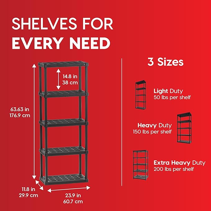 IRIS USA 5-Shelf Light Duty Plastic Storage Shelves, 250lb Capacity, 64" H x 24" W x 12" D, Medium Modular Shelving Unit Storage Organizer for Bathroom, Laundry, Garage & Home, Storage Rack - Black