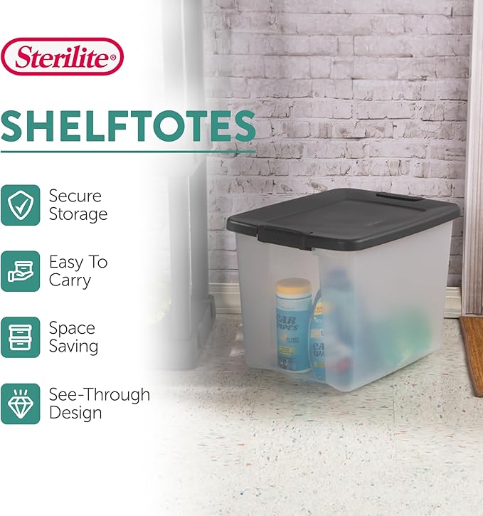 Sterilite 18-Pack Plastic Storage Bins w/ Lids, Shelf Totes Clear Containers, 50 Qt, Gray