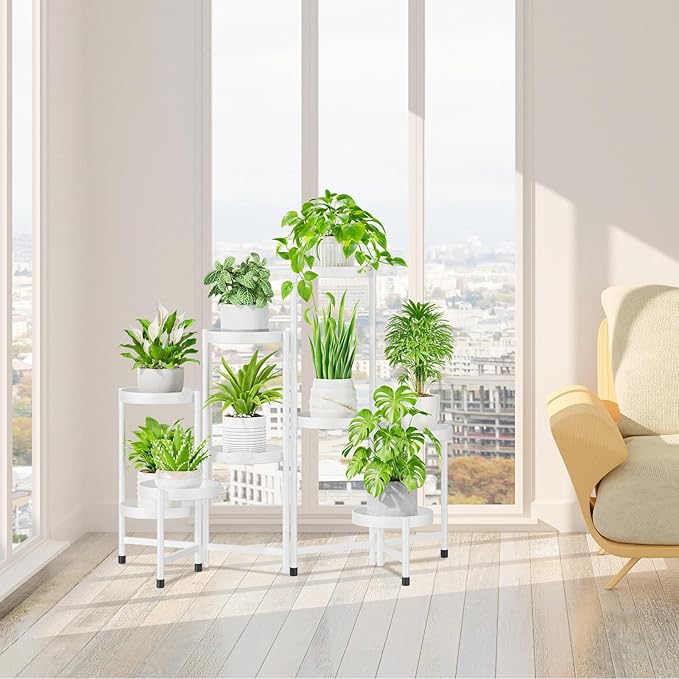 iDavosic.ly Plant Stand Indoor Outdoor, 9 Tier Corner Metal Flower Display Holder Shelf, Easy Assembly Folding Tall Orchid Rack for Patio Balcony Porch Garden Living Room House, White