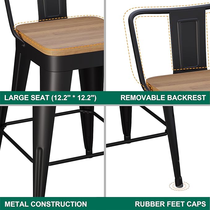 WENTMENT Bar Stools Set of 4 Counter Height Metal Barstools with Removable Back 30" Kitchen Bar Stools with Wooden Seat, Black