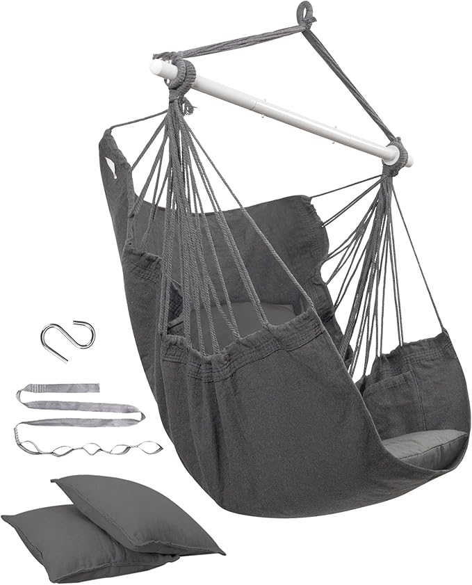 MIZTLI Hammock Chair Hanging Chair Swing Chair Hanging Chair for Bedroom Indoor Outdoor- Max 500 Lbs－Steel Spreader Bar with Anti-Slip Rings, 2 Cushions
