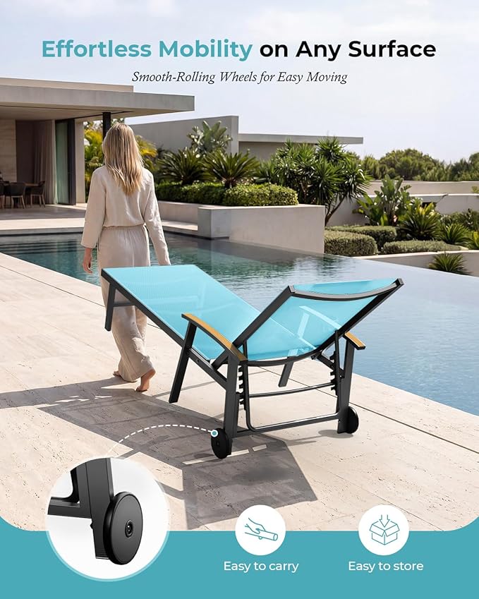 Ciokea Outdoor Lounge Chair with Pillow Set of 2, 5-Position Aluminum Chaise Lounge with Wheels & Armrests, 400 lbs Heavy Duty Patio Pool Chair for Backyard, Deck, Beach & Poolside, Lake Blue