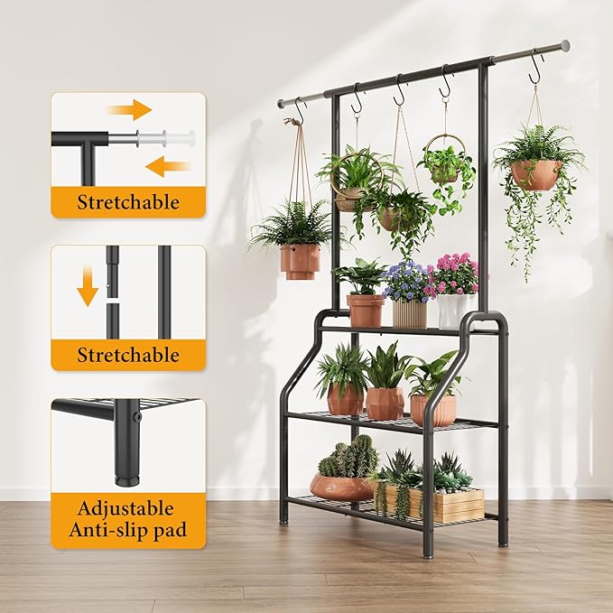Plant Stand Indoor Outdoor, 3-Tier Heavy Duty Metal Hanging Plant Shelf, 61'' Tall Large Plant Holder Rack for Multiple Big Pots, Flower Stand for Living Room, Garden, Balcony, Black