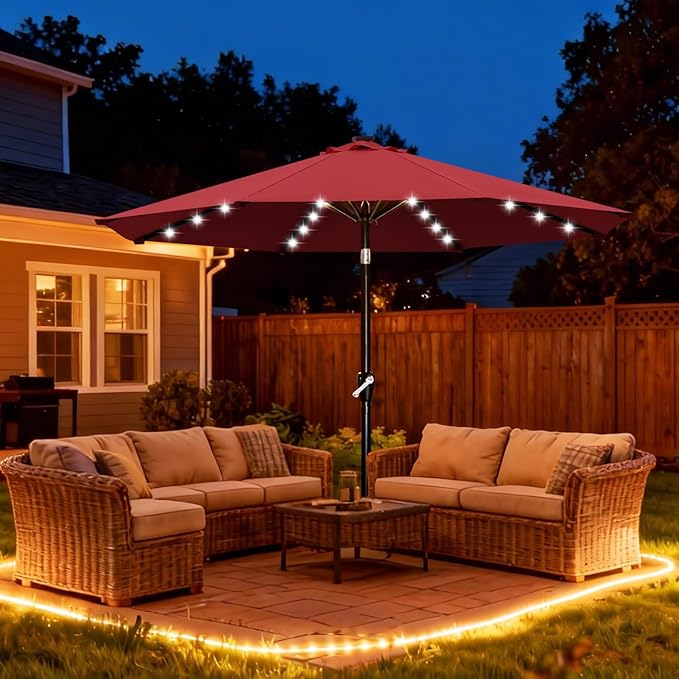 ABCCANOPY Durable Solar Led Patio Umbrellas with 32LED Lights 11FT (Wine Red)