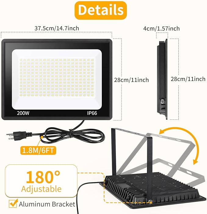 200W LED Flood Light Outdoor with 6ft Plug, 24000LM Brighter Exterior Security Lights, 5000K Daylight LED Work Light, IP66 Waterproof for Yard, Garage, Stadium, Lawn, 2 Pack
