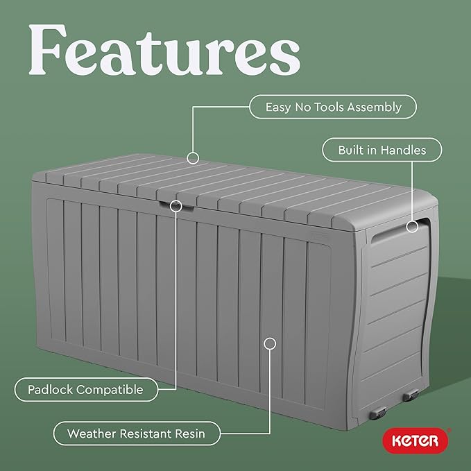 Keter Marvel Plus 71 Gallon Resin Outdoor Storage Box for Patio, Balcony & Garden – Weather‑Resistant Deck Box for Cushions, Pillows, Pool Floats & Tools, Light Grey
