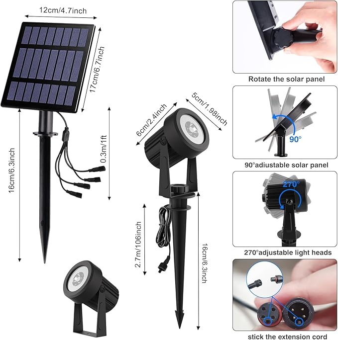 T-SUNUS Christmas Solar Garden Spotlight White Outdoor, 4-in-1 Spot Lights 6000K IP65 Waterproof 9.8ft Cable 5W Separated Panel, Auto On/Off Spotlights for Tree Yard Driveway Pathway Pond Halloween