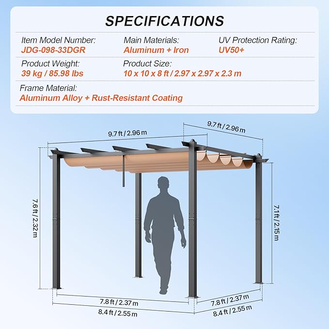 VEVOR 10'x10' Outdoor Retractable Pergola with Canopy, Aluminum Pergola with Retractable Canopy, Modern Style, Sun Shade for Patios, Gardens, Decks, Backyards (Beige)