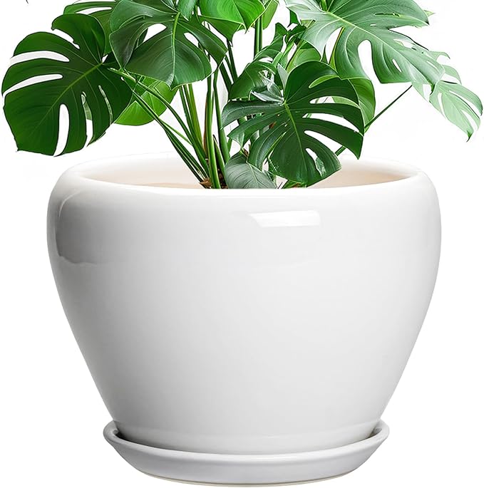 Ceramic Pot for Plants - 10 Inch Planter with Drainage Hole and Saucer, Glaze Modern Round Flower Pot for Indoor Plants, Housewarming Gift, Home Decor, White
