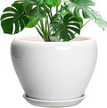 Ceramic Pot for Plants - 10 Inch Planter with Drainage Hole and Saucer, Glaze Modern Round Flower Pot for Indoor Plants, Housewarming Gift, Home Decor, White