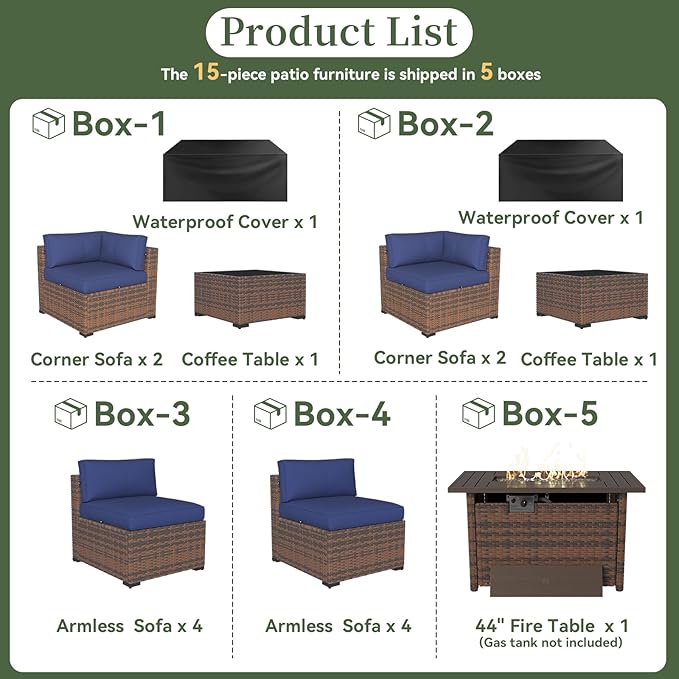 Aoxun 15 Piece Patio Furniture Set with 44” Fire Pit Table Wicker Rattan Outdoor Sectional Sofa Set with Coffee Table and Thickened Cushions, Blue (Waterproof Cover Included)