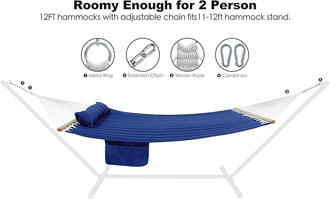 2 Person 12FT Hammocks for Outside, Double Quilted Fabric Outdoor Hammock with Spreader Bar, Large Removable Pillow, Storage Pockets, Carabiners, Max 475 lbs Capacity (Dark Navy)