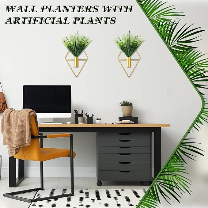 2 Pieces Gold Wall Decor Hanging Planters with Artificial Plants Metal Vase Indoor Plants Holder Modern Geometric Wall Art for Home Bathroom Bedroom Living Room Office(Aquatic Plant,Small)