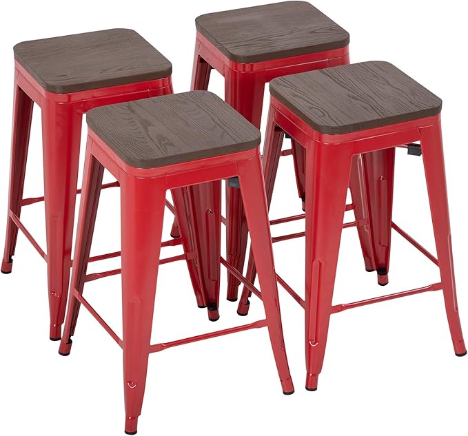 FDW Metal Bar Stools Counter Height Barstool Stackable Barstools Indoor Outdoor Patio Bar Stool Home Kitchen Dining Stool Backless Bar Chair (Red with Wood, 24")