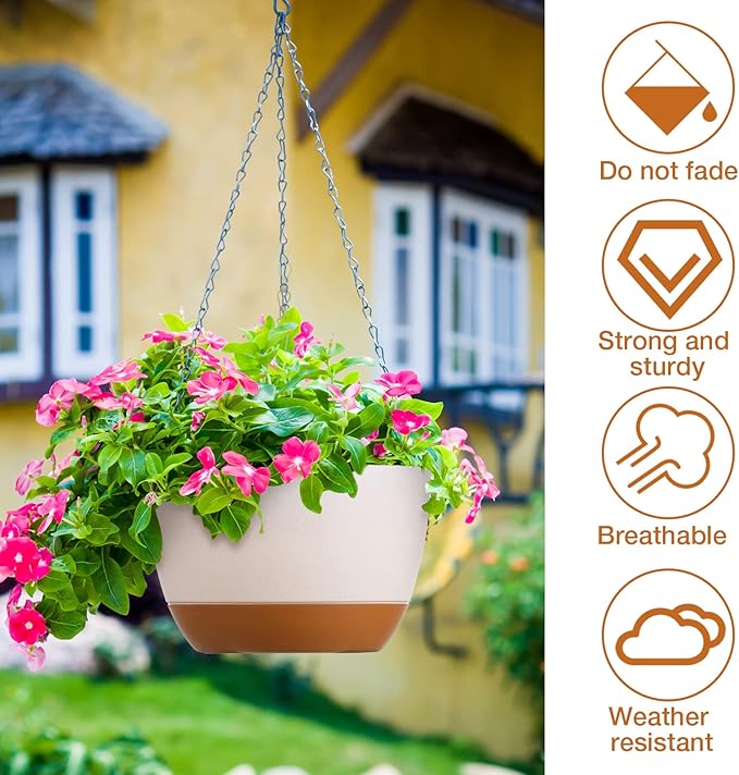 Mumufy 6 Pcs 8 Inch Hanging Planter for Indoor and Outdoor Plants Plastic Hanging Flower Pots with Drainage Hole and Removable Saucer Hanging Plant Holder Plant Hanging Basket (White)