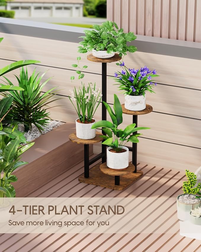 Plant Stand Indoor - 4 Tiered Indoor Plant Stand, Metal Plant Shelf Plant Holder, Ideal for Living Room, Garden, Patio, Balcony (Black Brown)