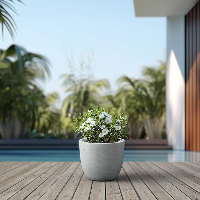Kante 14 Inch Dia Round Concrete Planter, Indoor Outdoor Large Plant Pot with Drainage Hole and Rubber Plug for Home Patio Garden, Gray Concrete