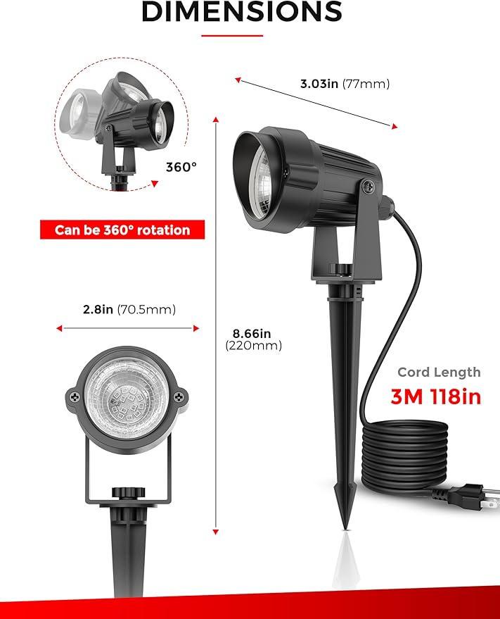 L LOHAS LED Red Spotlight Outdoor, Tree Spot Lights for Yard, Auto On/Off 5W 120V Landscape Lighting for House, Holiday, Christmas Decoration, 450LM IP66 Waterproof, UL Listed, 2 Pack