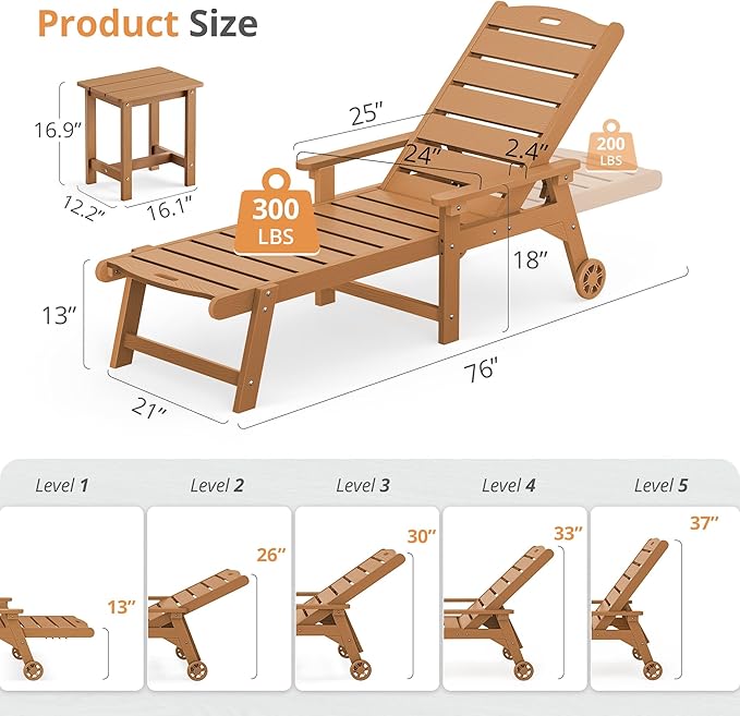 LUE BONA Chaise Lounge Chair with Table, 2-Piece, HDPS Chaise Lounger, 5 Positions Adjustable Lounge Chairs, Pool Lounge Chair with Wheels for Poolside, Backyard, Teak Color