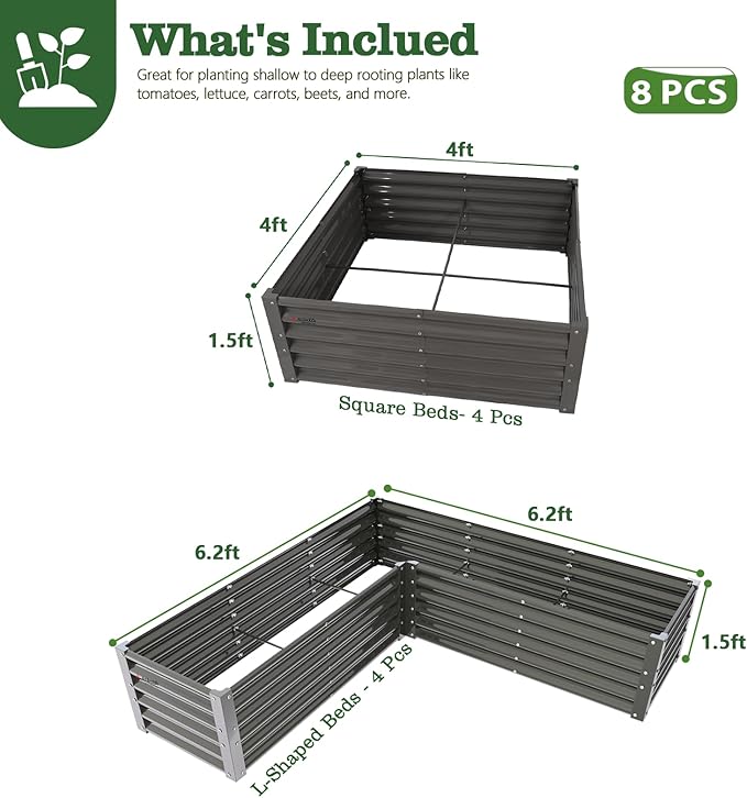 A ANLEOLIFE Set of 8,18 Inch Tall Quartz Grey Raised Garden Beds Kit, L-Shaped & Square Metal Planters –Ideal for Structured Backyard Layouts.