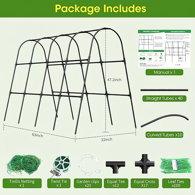 Cucumber Trellis for Raised Bed,U-Shape Garden Trellis for Climbing Plants Outdoor, Metal Arch Vegetables Trellis, Plant Support for Vine (Black, 63" Lx21.6 Wx47.2 H-Large)