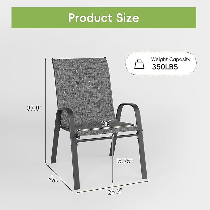 Patio Chairs Set of 2, Outdoor Dining Chairs Stackable for All Weather, Breathable Metal Modern Outside Furniture Chair for Pool Side, Garden, Backyard Deck, Dark Grey