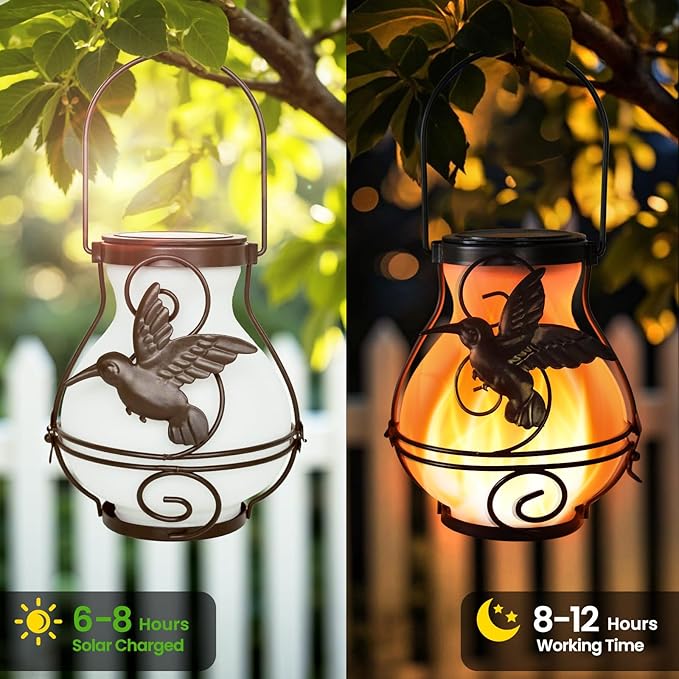 Solar Lanterns Outdoor Waterproof Flickering Flame Lights Hummingbird Metal Hanging Solar Lantern Patio Porch Garden Decoration (4 Pack)