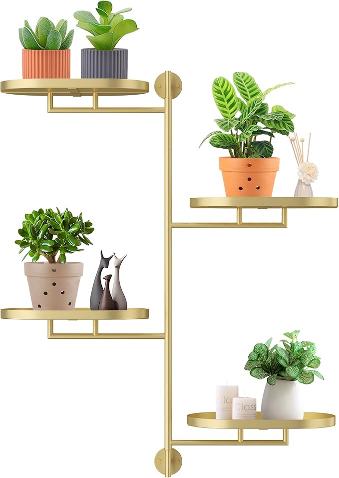 Rotating Window Shelves for Multiple Plants Indoor,4-tier Metal Corner golden Plant Stand Holder Floating Hanger Shelf for Wall，Windows Sill Gifts for Planter Lover to Enhance Home Decor