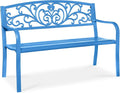 Best Choice Products Outdoor Bench Steel Garden Patio Porch Furniture for Lawn, Park, Deck w/Floral Design Backrest, Slatted Seat - Ocean Blue