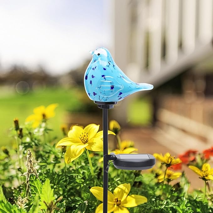 Bshine Solar Garden Decoration Outdoor Bluebird Lights, Hand Blown Glass Waterproof Solar Light Stake Decorate Paths, Pathways, Lawns and Yards Art for Mom Gifts