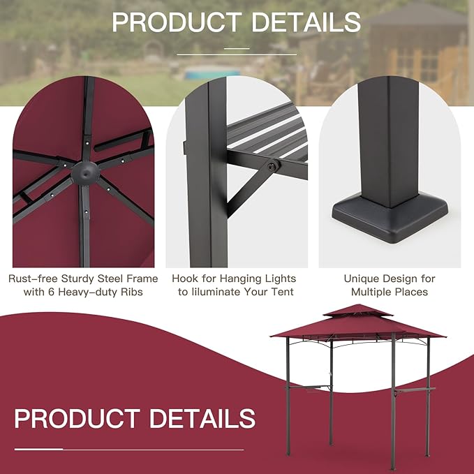 AECOJOY 8' x 5' Grill Gazebo, Grill Canopy for Outdoor Grill, 2- Tier BBQ Gazebo Shelter for Patio, Backyard and More (Wine Red)