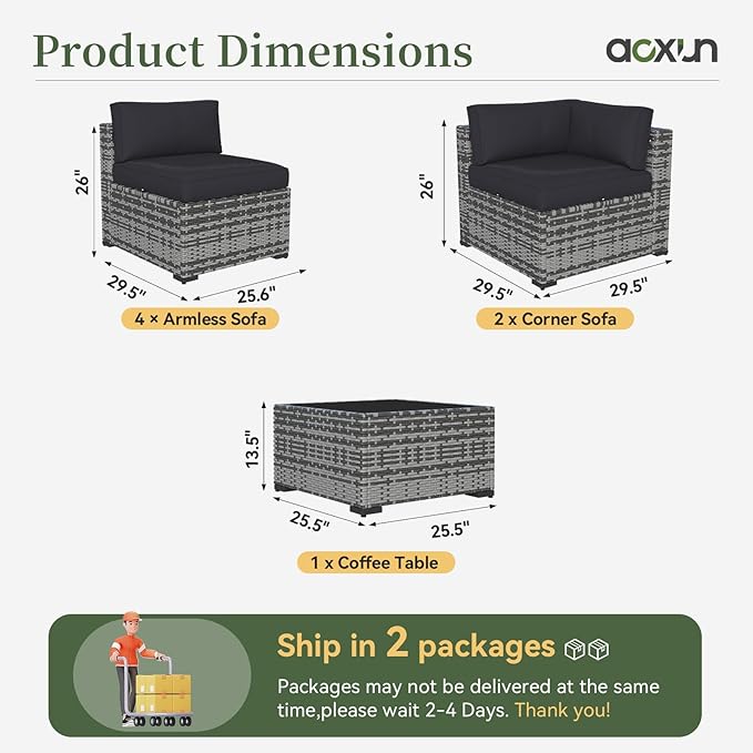 Aoxun 7 Piece Patio Furniture Set Wicker Rattan Patio Conversation Set Outdoor Sectional Sofa Set with Coffee Table and Thickened Cushions, Grey/Black(Waterproof Cover Included)