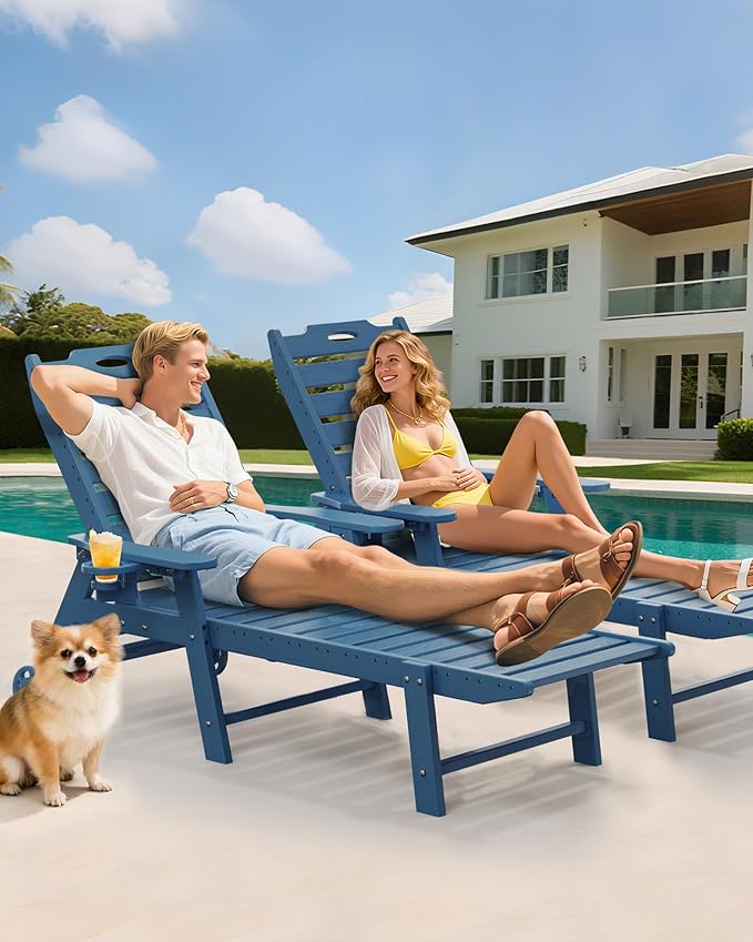 Carauci Lounge Chair Outdoor Set of 2, HDPE Chaise Lounge with Wheels, 5-Position Adjustable Backrest & 2 Cup Holders Patio Lounge Chair, All-Weather Pool Sun Lounger for Poolside, Backyard, Blue