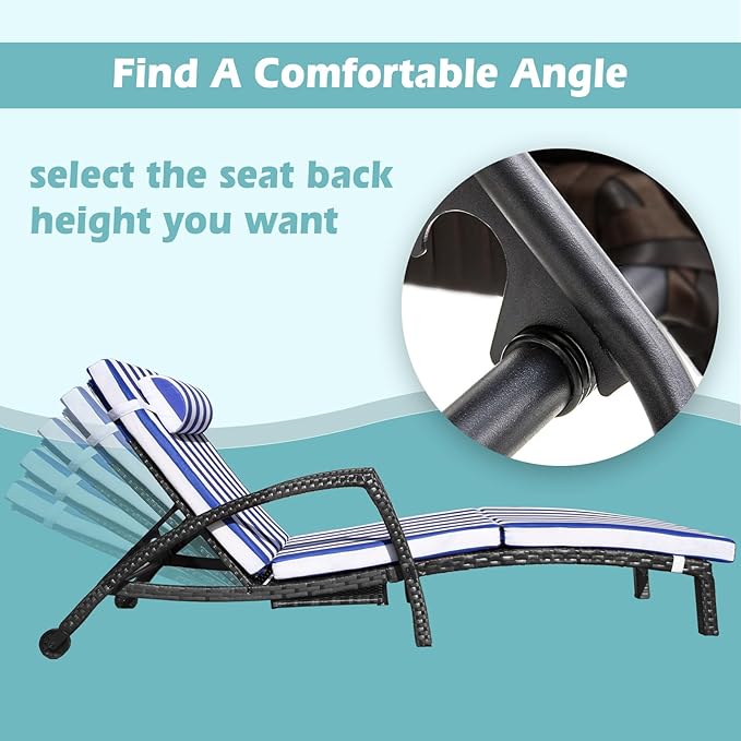 Chaise Lounge Chairs Outdoor Set of 4, Comfy Outside Wicker Patio Pool Lounge Chair w/ 5 Adjustable Back Angle, Cup Holder, Thicken Cushion