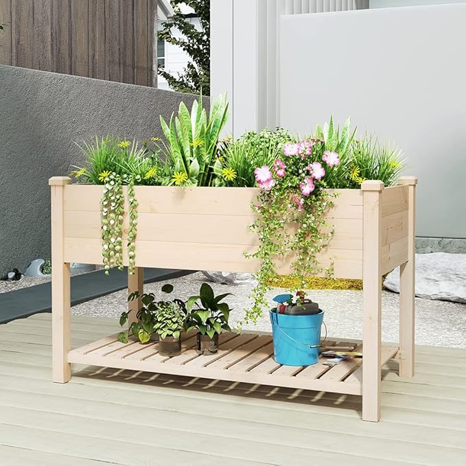 BIRASIL Outdoor Wood Raised Garden Bed, Elevated Reinforced Large Planter Box with Storage Shelf for Vegetable Flower Backyard Patio Gardening Balcony (48”L, Natural Wood)