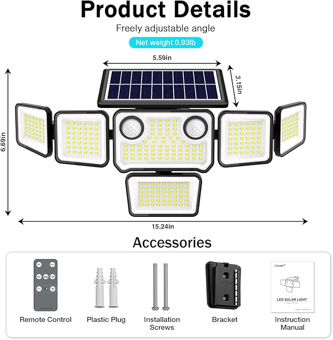 6000LM Solar Lights Outdoor Waterproof, 6 Heads Solar Flood Lights Outdoor with 2 Motion Sensor, 310 LED Motion Light with Remote Control for Yard Outside House Patio 2 Pack