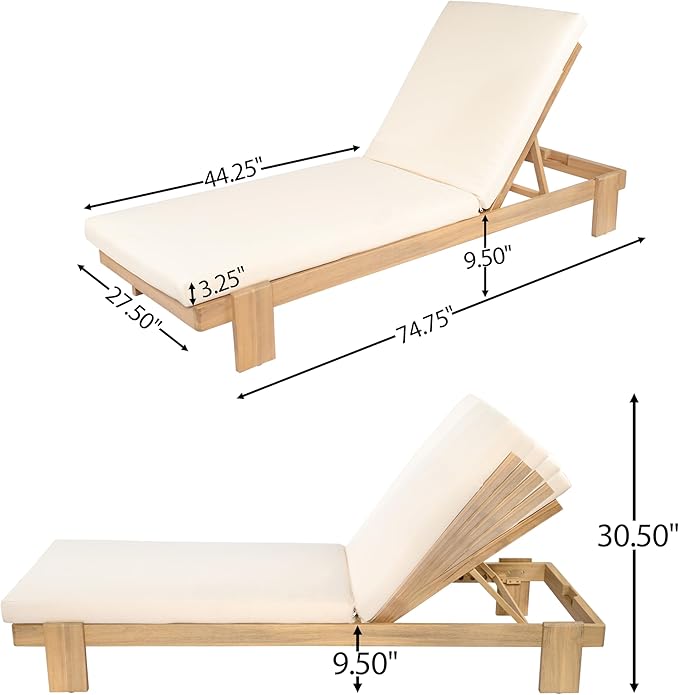 Christopher Knight Home Duska Acacia Wood Chaise Lounge Chair Set of 2, Patio Outdoor Chaise Lounge with Cushions, Adjustable Backrest Single Lounge Sofa, Garden Poolside Backyard Seating, Teak+Beige
