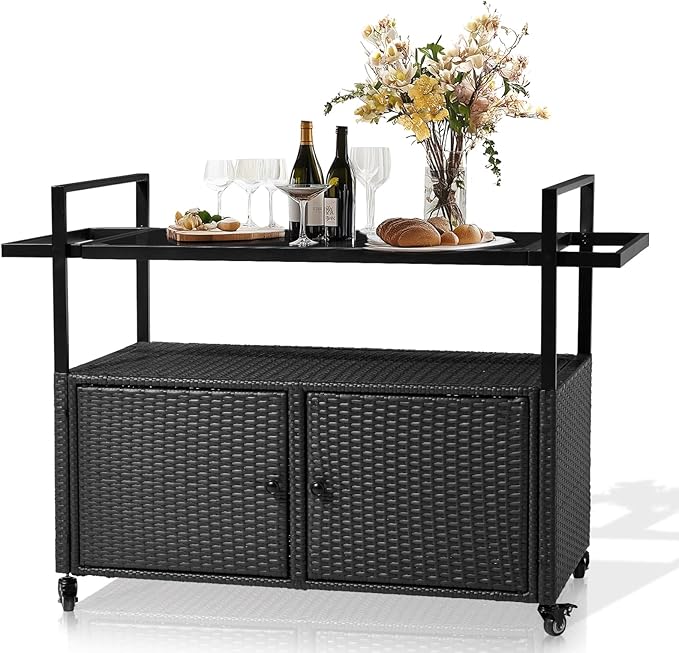 VINGLI Wicker Outdoor Bar Cart with Storage and Wheels, Outdoor Bar Table Serving Cart Rattan Bar Cart with Glass Top and Shelf for Pool, Party, Backyard, Porch (Black)