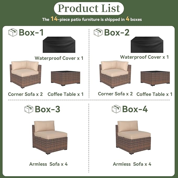 Aoxun 14 Piece Patio Furniture Set Wicker Rattan Patio Conversation Set Outdoor Sectional Sofa Set with Coffee Table and Thickened Cushions, Beige(Waterproof Cover Included)