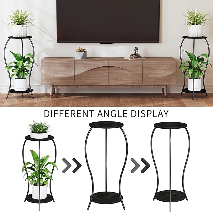 Plant Stand Indoor, 2 Tier Round Tall Plant Stand, Flower Pot Stand, Plant Shelf Rack, Corner Plant Stand for Planter Garden Balcony Patio Living Room (Black-Wood, 2 Tier)