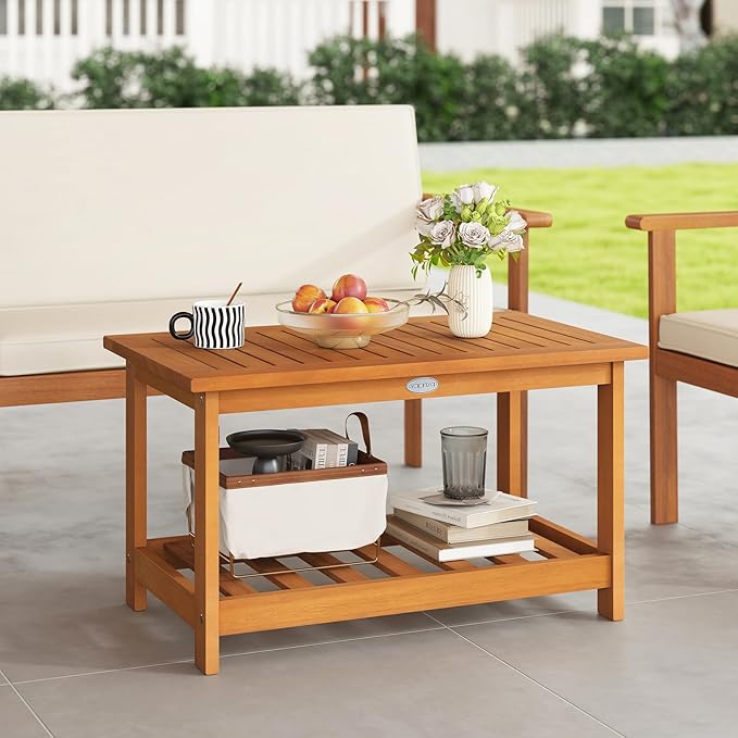 Tangkula Outdoor Acacia Wood Coffee Table, Patio 29.5” Rectangle Slatted 2 Tier Coffee Table with Storage Shelf, for Outside Balcony Patio Poolside