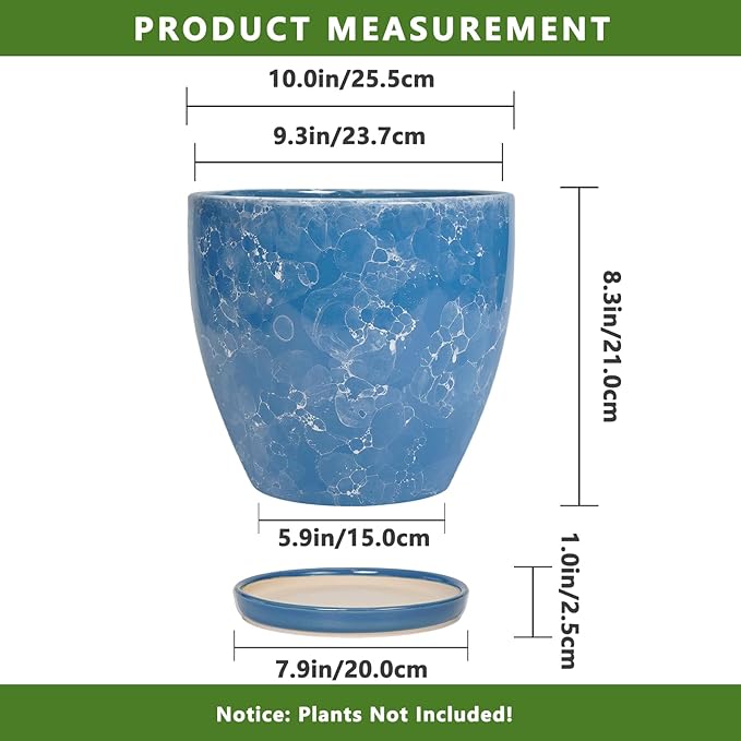 Ceramic Flower Pot - 10 Inch Planter with Drainage Hole and Saucer, Modern Large Planters, Decorative Plant Pot for Indoor Ourdoor, Room Home Garden Porch Decor, Plant Lover Gifts, Blue