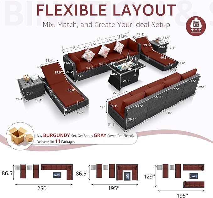 NICESOUL 13 Piece Outdoor Furniture with Fire Pit, Luxurious Wicker Patio Sectional with Fire Pit & Chaise Lounge, 500 lbs Heavy Duty 10-Person Deep Wide Couch Set for Deck, Lawn, Grey & Burgundy