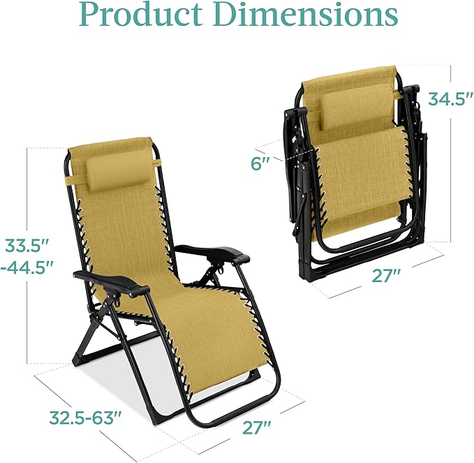 Best Choice Products Oversized Zero Gravity Chair, Folding Outdoor Patio Recliner, XL Anti Gravity Lounger w/Removable Cushion, Cup Holder, Side Tray, 350lb Capacity - Sunflower Yellow