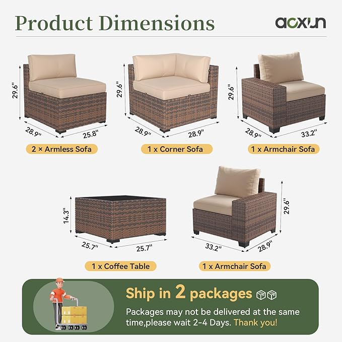 Aoxun 6 Piece Patio Furniture Set with Wide Armrests Wicker Rattan Outdoor Sectional Sofa Set with Coffee Table and Thickened Cushions, Brown/Beige(Waterproof Cover Included)