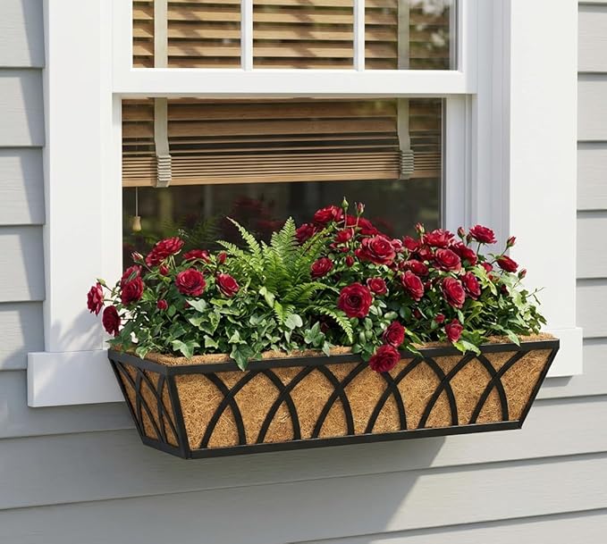 24 Inch Window Deck with Coco Liner, 24" Window Boxes Horse Trough with Coconut Coir Liner, Fence Metal Hanging Flower Planter Window Basket Deck Railing Planter Boxes for Outdoor Garden Lawn, 4pcs